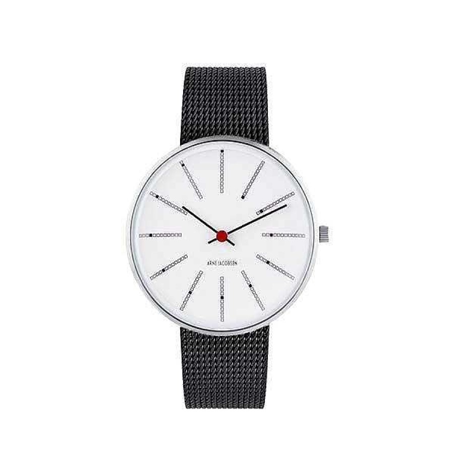 Uhren Arne Jacobsen | Arne Jacobsen - Bankers Watch - 34 - Wei Es Zifferblatt, Schwarzes Mesh-Armband