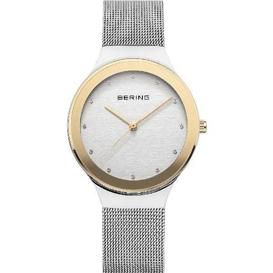 Uhren BERING | Bering Klassische Damenuhr In Poliertem Silber Mit Silbernem Netzarmband Und Goldenen Details