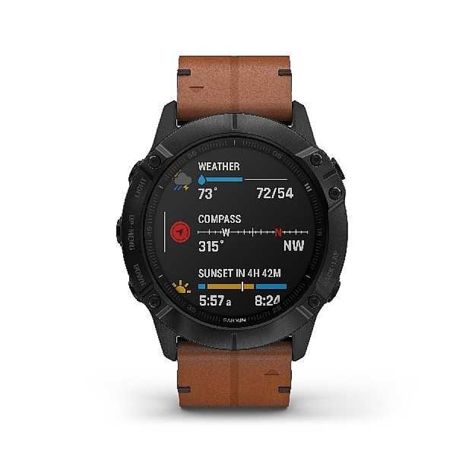 Uhren GARMIN | Garmin Fenix 6X Pro Und Sapphire, Schwarz Dlc Mit Kastanienbraunem Lederband