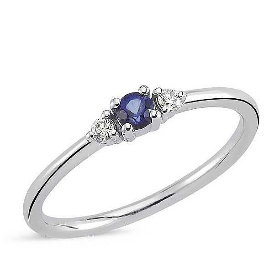 Ringe Nuran | Petit - Ring Mit Blauem Saphir Aus 14 Karat Wei Gold Und Insgesamt 0,05 Karat Diamanten