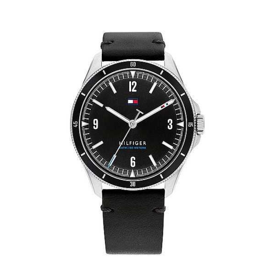 Uhren Tommy Hilfiger | Tommy Hilfiger - Maverick Herrenuhr Aus Silber Mit Zifferblatt Und Lederarmband In Schwarz