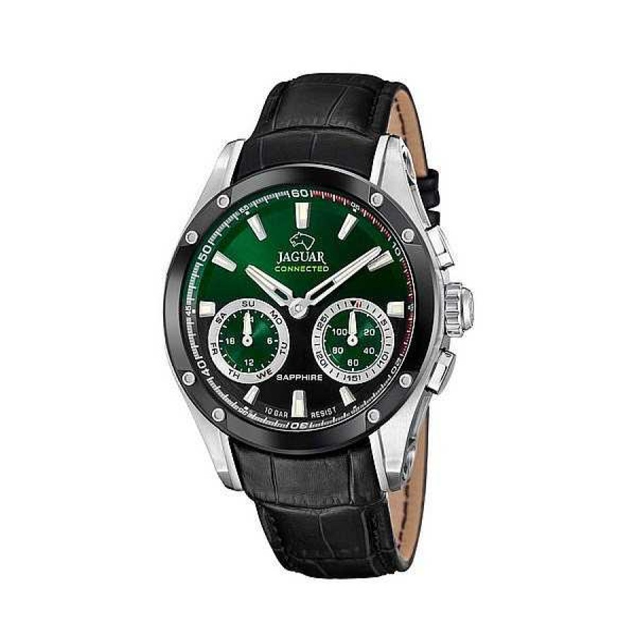 Uhren Jaguar | Jaguar - Herrenuhr Connected Aus Stahl Mit Schwarz/Gr Nem Zifferblatt Und Lederarmband