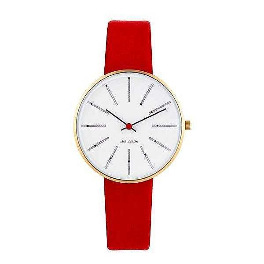 Uhren Arne Jacobsen | Arne Jacobsen - Bankers Watch Wei Es Zifferblatt Und Rotes Armband. 34Mm