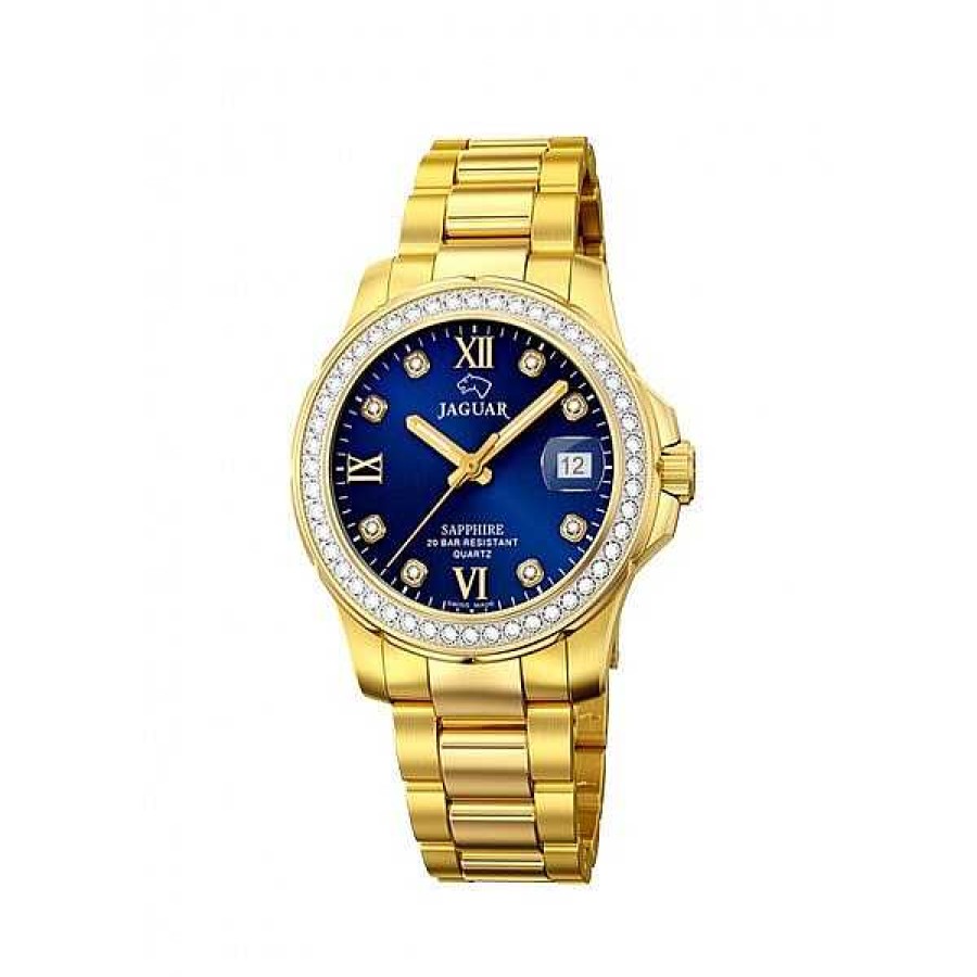 Uhren Jaguar | Jaguar - Lady'S Diver Damenuhr In Gold Doppelt Mit Steinen Und Blau