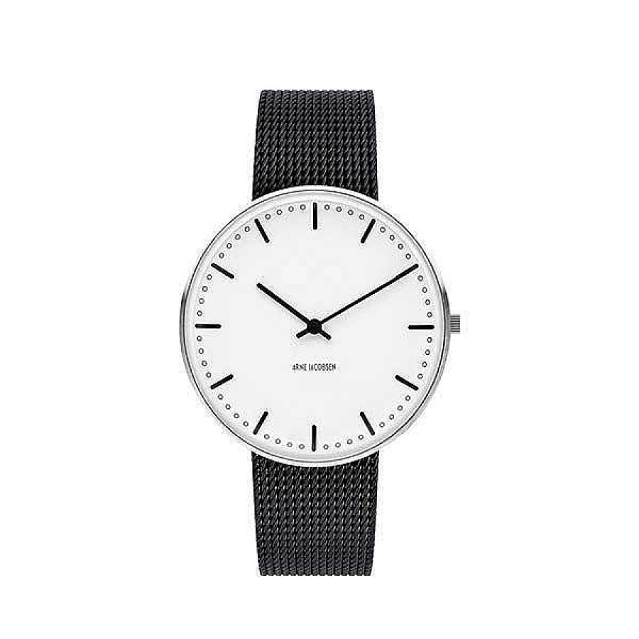 Uhren Arne Jacobsen | Arne Jacobsen - City Hall Watch - 40 - Wei Es Zifferblatt, Schwarzes Mesh-Armband