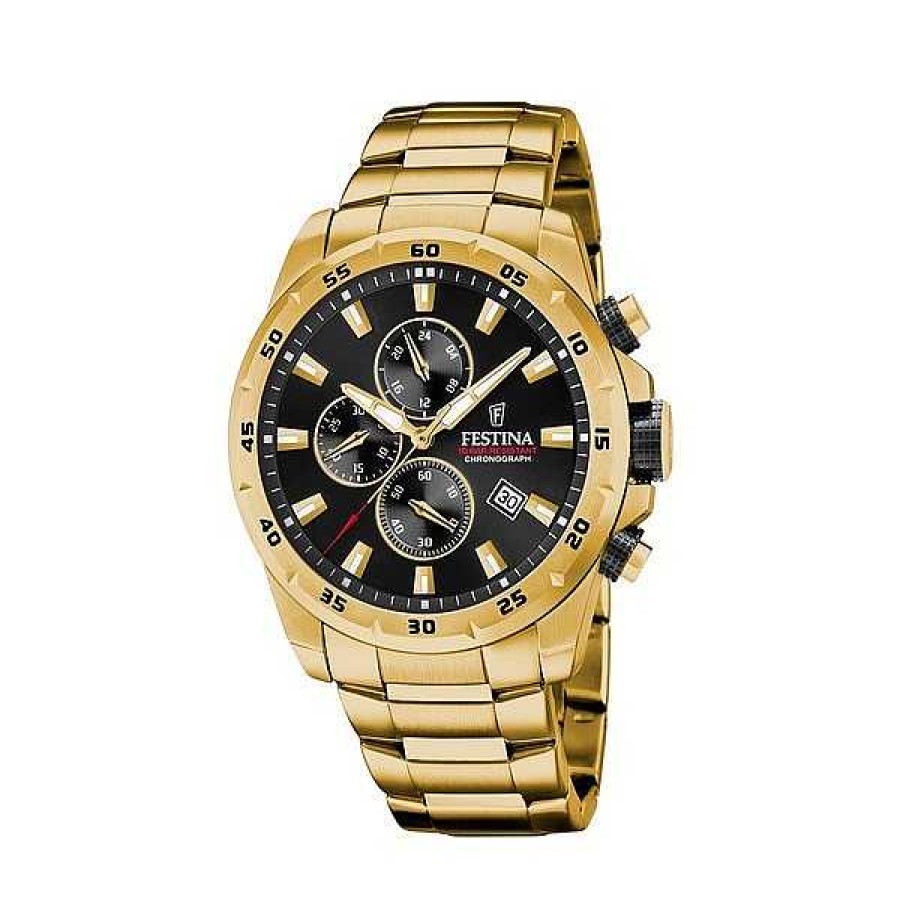 Uhren Festina | Festina - Chrono Sport Herrenuhr In Gold Mit Schwarzem Zifferblatt