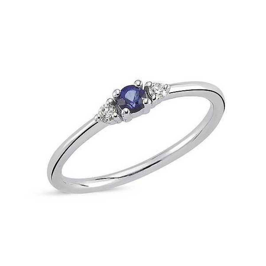 Ringe Nuran | Petit - Ring Mit Blauem Saphir Aus 14 Karat Wei Gold Und Insgesamt 0,05 Karat Diamanten