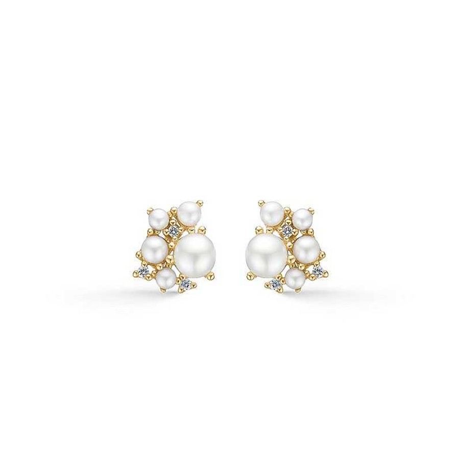 Ohrringe Mads Z | Mads Z - Diamant-Cloud-Ohrringe Aus 14 Karat Gold Mit Perlen Und Insgesamt 0,048 Karat