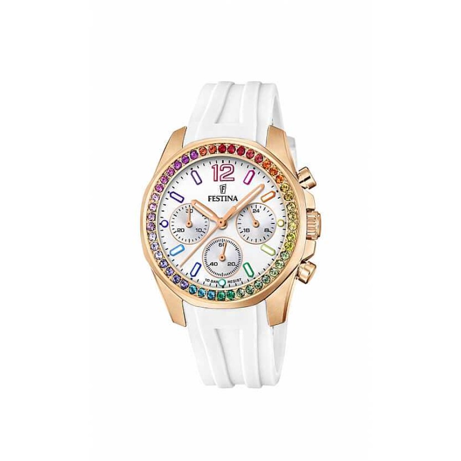 Uhren Festina | Festina - Rainbow Damenuhr In Ros Gold Mit Farbigen Zirkonen Und Kautschukband