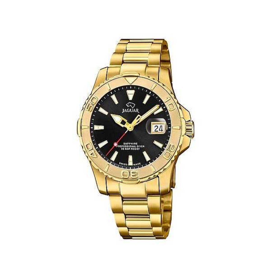 Uhren Jaguar | Jaguar - Unisex Executive Diver Mit Schwarzem Zifferblatt Und Doppeltem Goldarmband