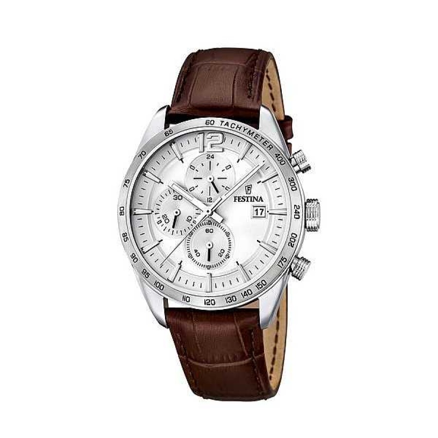 Uhren Festina | Festina - Chronograph Herrenuhr Aus Silber Mit Braunem Krokolederarmband