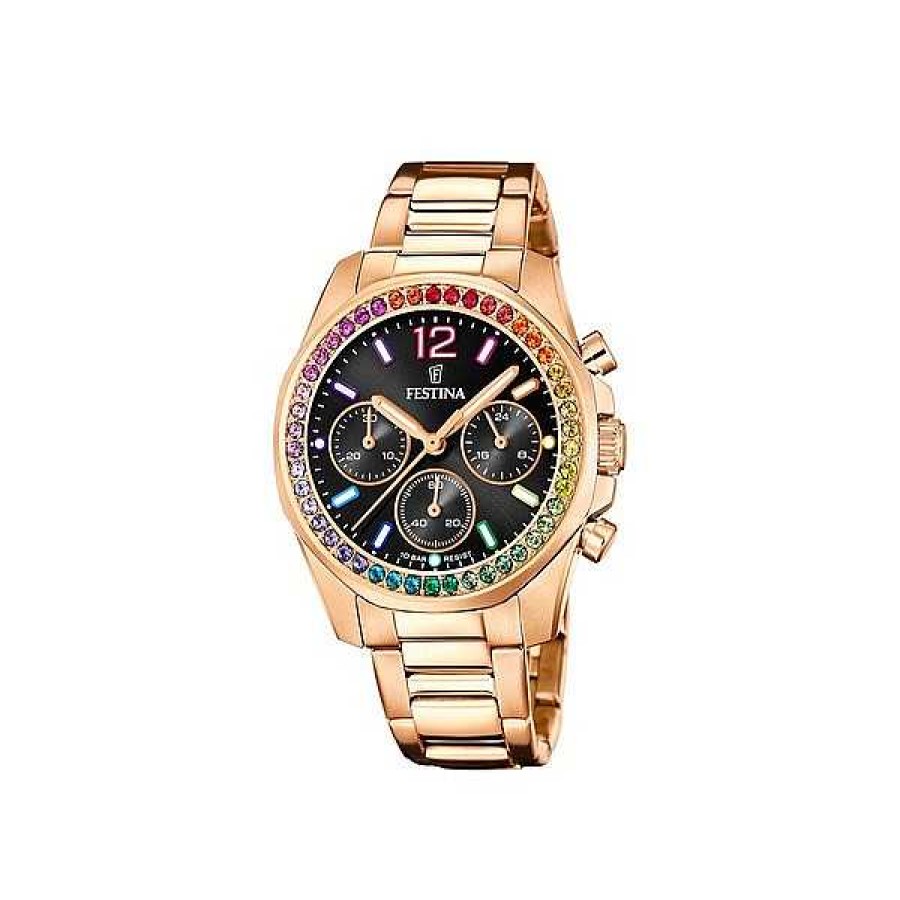 Uhren Festina | Festina - Rainbow Damenuhr In Ros Gold Mit Schwarzem Zifferblatt Und Zirkoniumdioxid