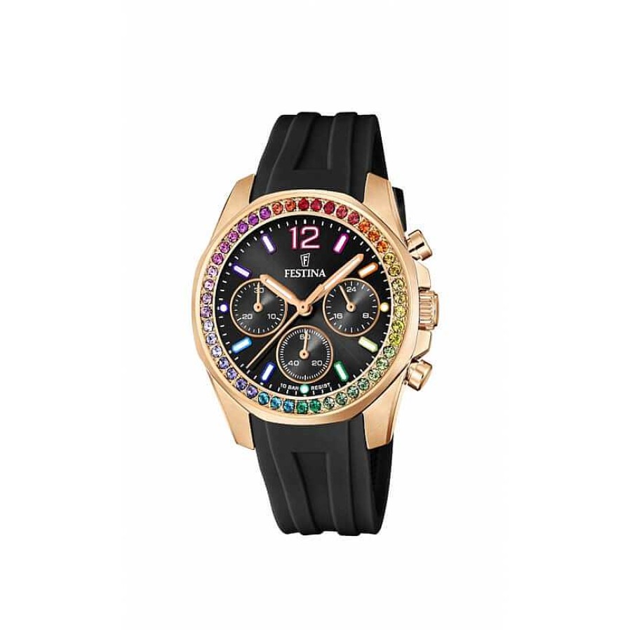 Uhren Festina | Festina - Rainbow Damenuhr In Ros Gold Mit Zirkonia Und Kautschukband