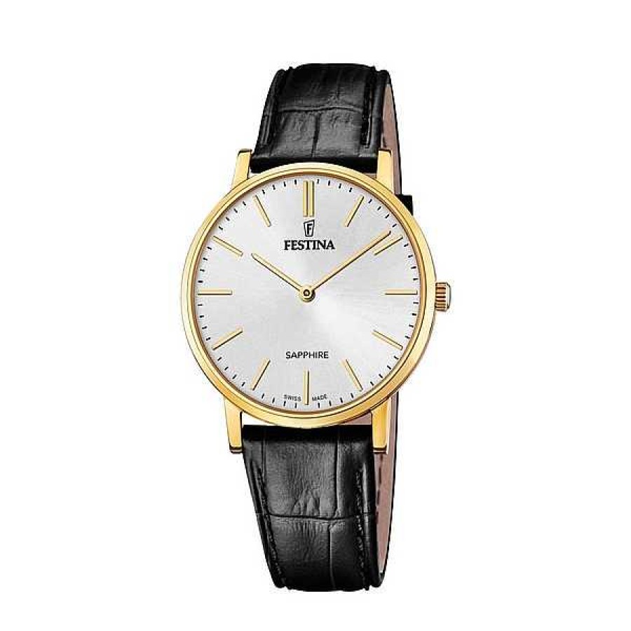 Uhren Festina | Festina - Swiss Made Herrenuhr In Gold Doppelt Mit Schwarzem Gepr Gtem Lederband