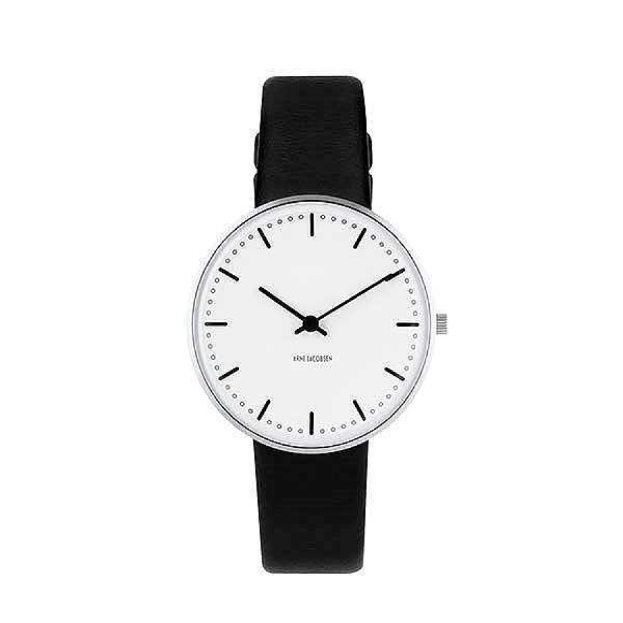 Uhren Arne Jacobsen | Arne Jacobsen - City Hall Watch - 34 - Wei Es Zifferblatt, Schwarzes Armband