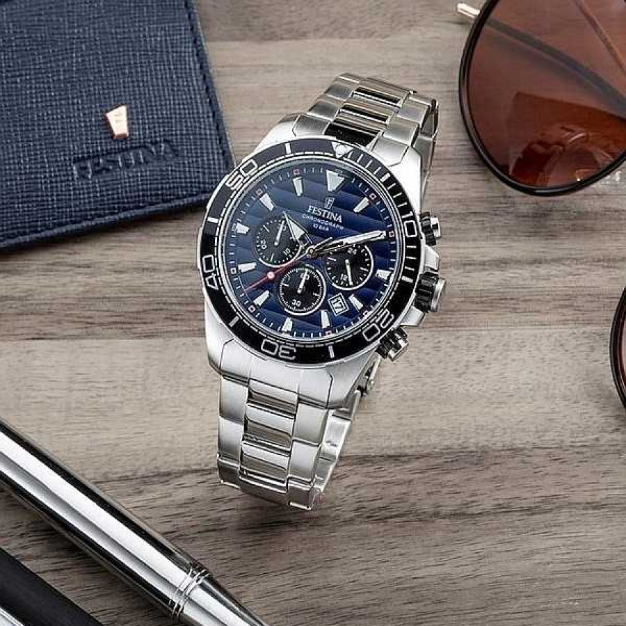 Uhren Festina | Festina - Chronograph Herrenuhr Aus Stahl Mit Blauem Zifferblatt