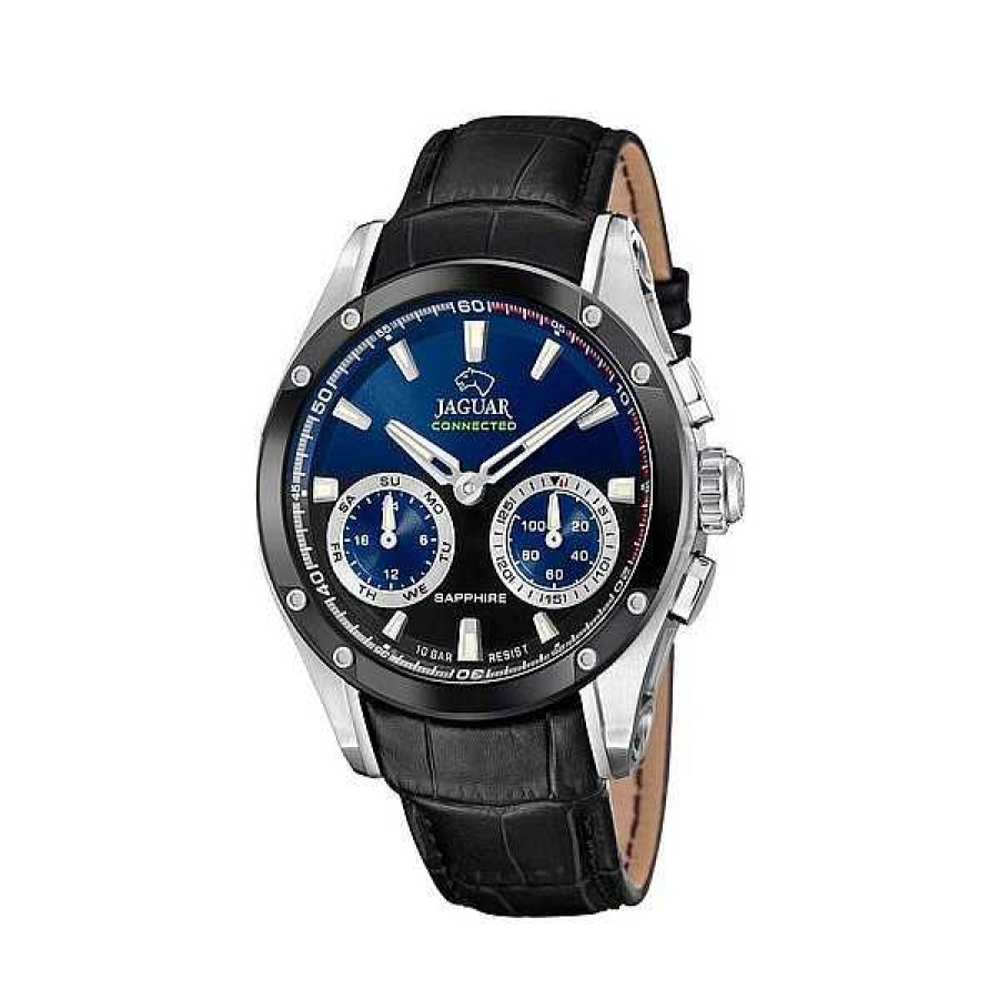 Uhren Jaguar | Jaguar - Herrenuhr Connected Aus Stahl Mit Schwarz/Blauem Zifferblatt Und Lederarmband