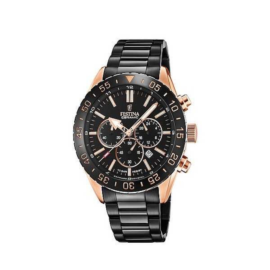 Uhren Festina | Festina - Herrenuhr Chrono Ceramic In Stahl Schwarz/Ros Gold Mit Schwarzem Zifferblatt