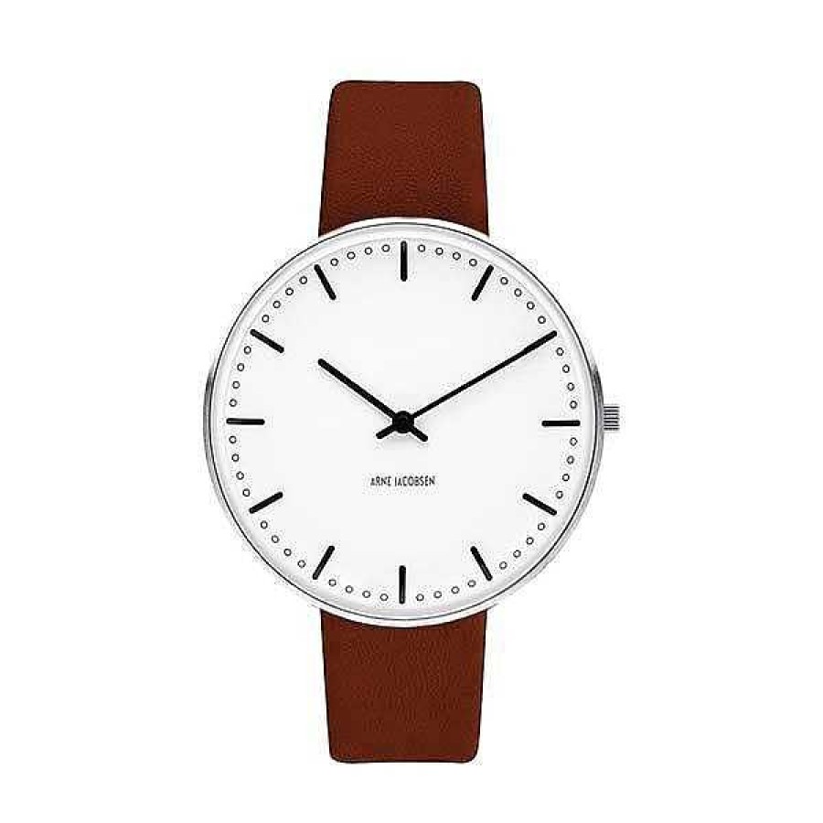 Uhren Arne Jacobsen | Arne Jacobsen - Rathausuhr - 40 - Wei Es Zifferblatt, Braunes Armband