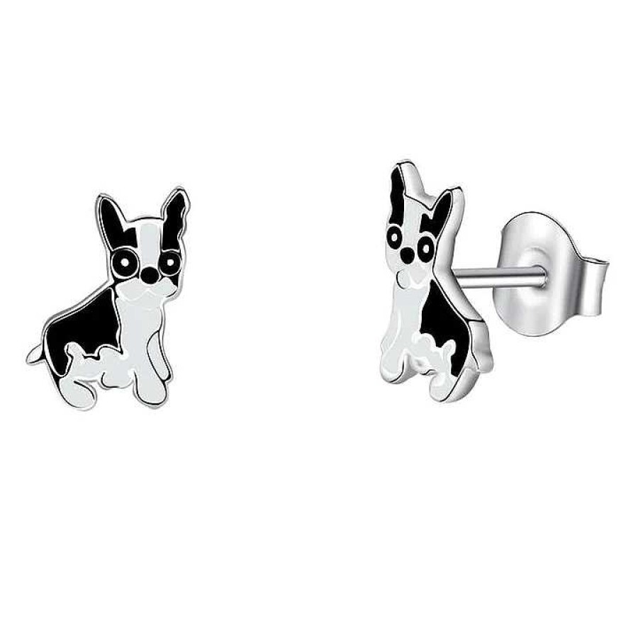 Kinderschmuck ByBirch | Bybirch Kinder - Ohrstecker Aus Silber Mit Wei Er Und Schwarzer Bulldogge