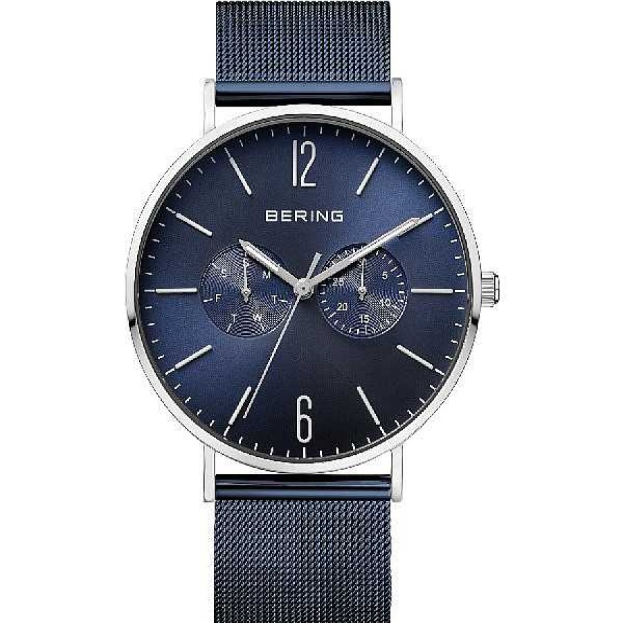 Uhren BERING | Bering Klassische Herrenuhr In Poliertem Silber Mit Blauem Netzarmband Und Zifferblatt