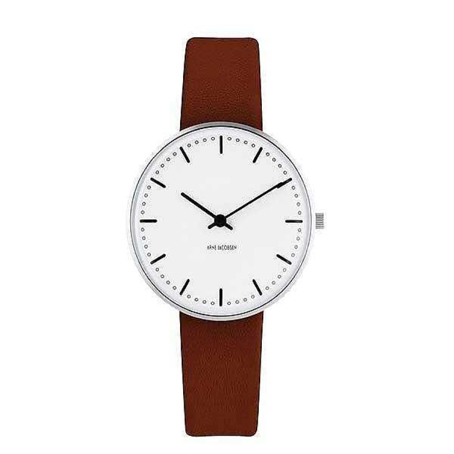 Uhren Arne Jacobsen | Arne Jacobsen - Rathausuhr - 34 - Wei Es Zifferblatt, Braunes Armband