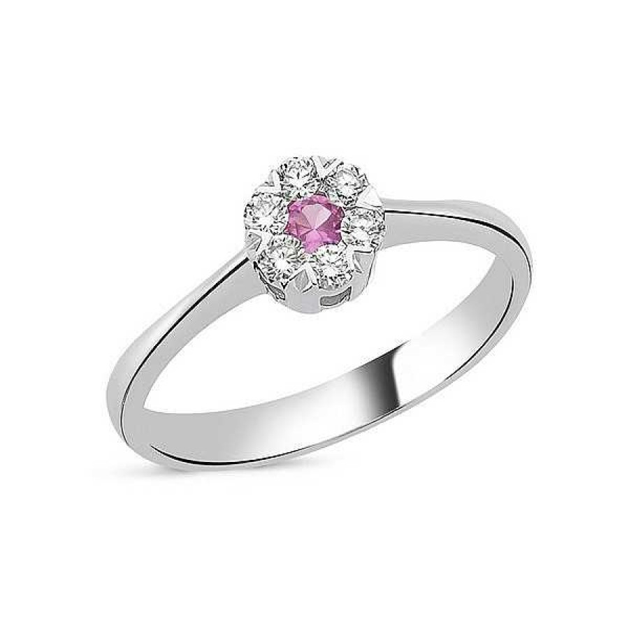 Ringe Nuran | Flora Diamantring - 14 Karat Wei Gold Mit Rosa Saphir Und Diamanten Insgesamt 0,18Ct