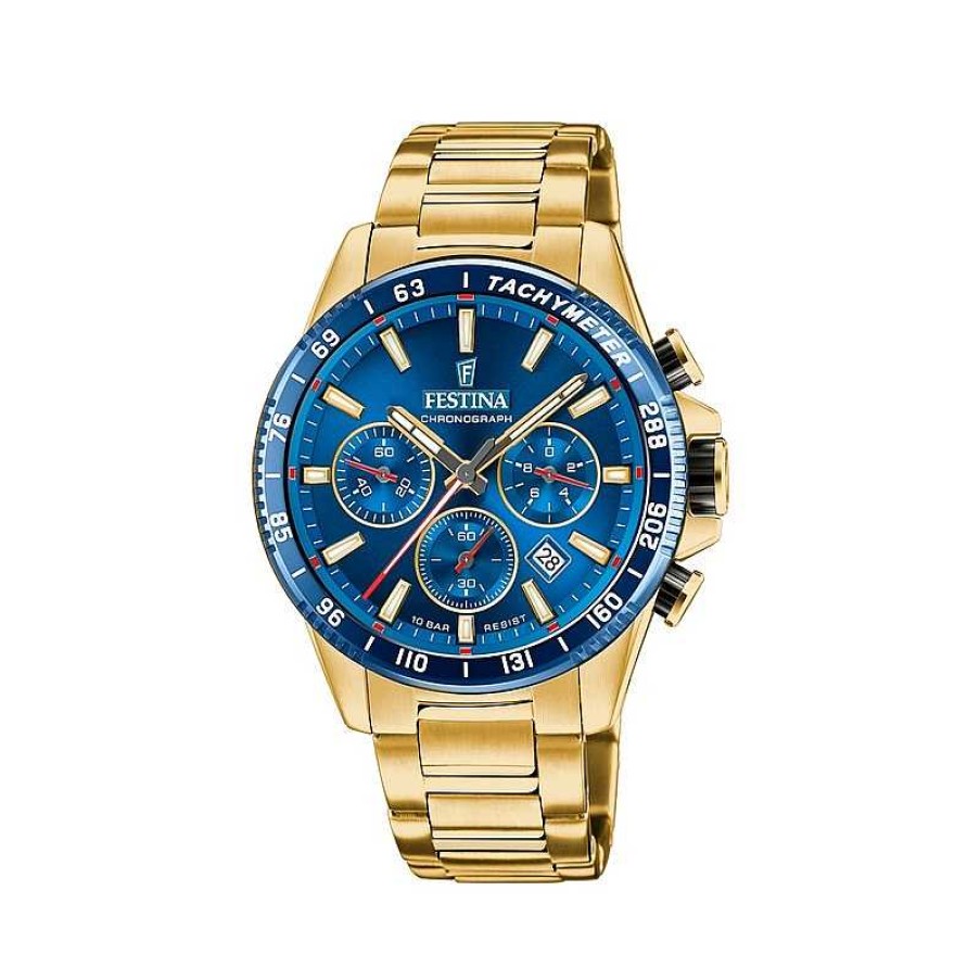 Uhren Festina | Festina - Zeitloser Chrono Herrenuhr In Gold Mit Blauem Zifferblatt