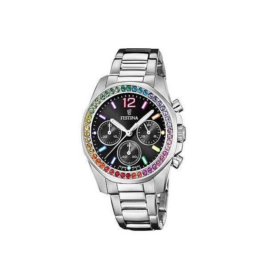 Uhren Festina | Festina - Rainbow Damenuhr Aus Stahl Mit Schwarzem Zifferblatt Und Zirkonia