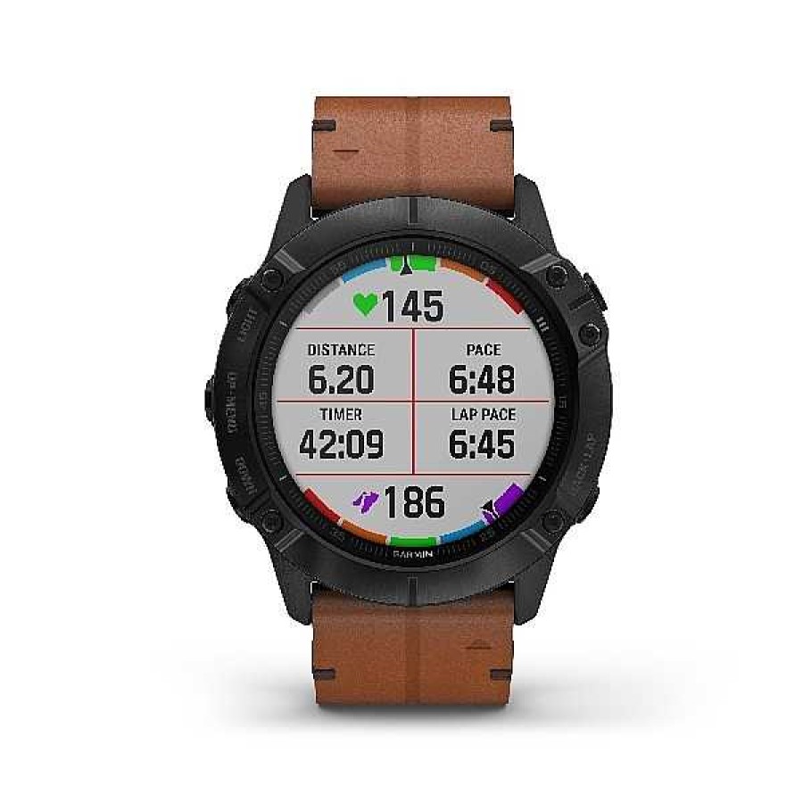 Uhren GARMIN | Garmin Fenix 6X Pro Und Sapphire, Schwarz Dlc Mit Kastanienbraunem Lederband