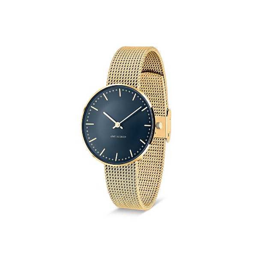 Uhren Arne Jacobsen | Arne Jacobsen - Oxford Blue City Hall Uhr - 34 - Oxford Blaues Zifferblatt Und Goldenes Mesh-Armband