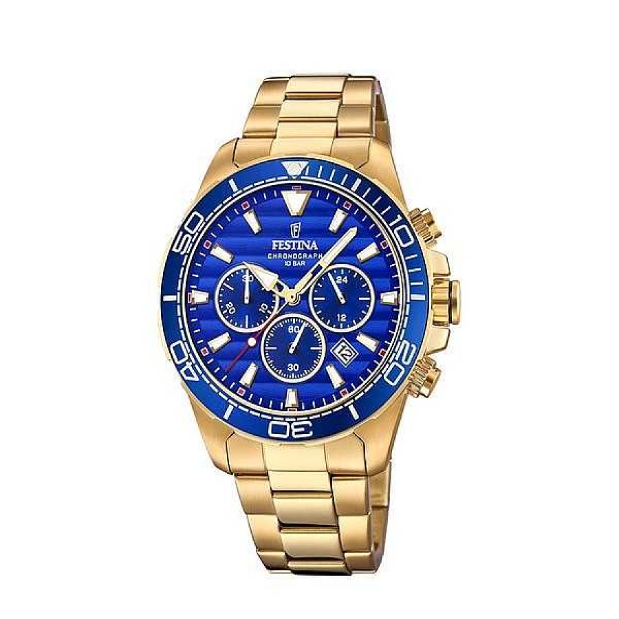 Uhren Festina | Festina - Prestige Herrenuhr In Gold Doppelt Mit Blauem Zifferblatt Und Stoppuhr