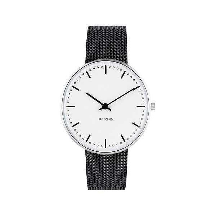 Uhren Arne Jacobsen | Arne Jacobsen - City Hall Watch - 34 - Wei Es Zifferblatt, Schwarzes Mesh-Armband