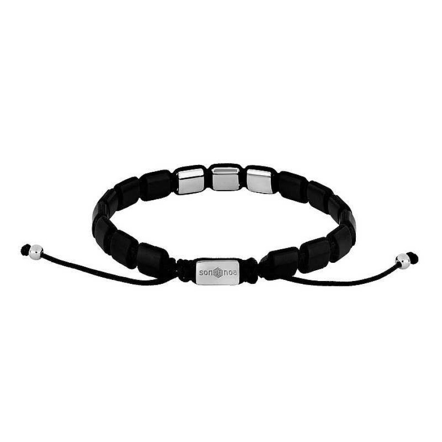 Armb Nder Nordahl Andersen | Son Of Noa - Herrenarmband 3Xsquare Aus Poliertem Stahl Mit Schwarzem Onyx