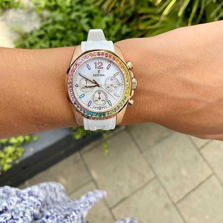 Uhren Festina | Festina - Rainbow Damenuhr In Ros Gold Mit Farbigen Zirkonen Und Kautschukband