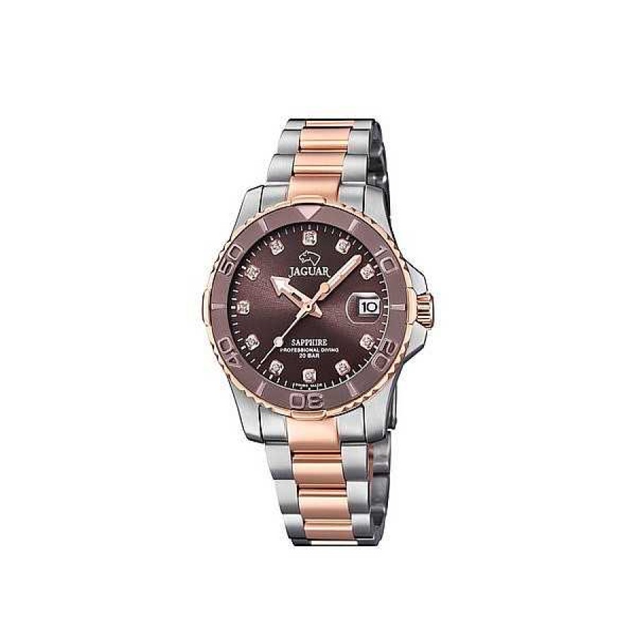 Uhren Jaguar | Jaguar - Lady'S Diver Damenuhr Aus Rosafarbenem Bi-Comor-Silber Mit Burgunderrotem