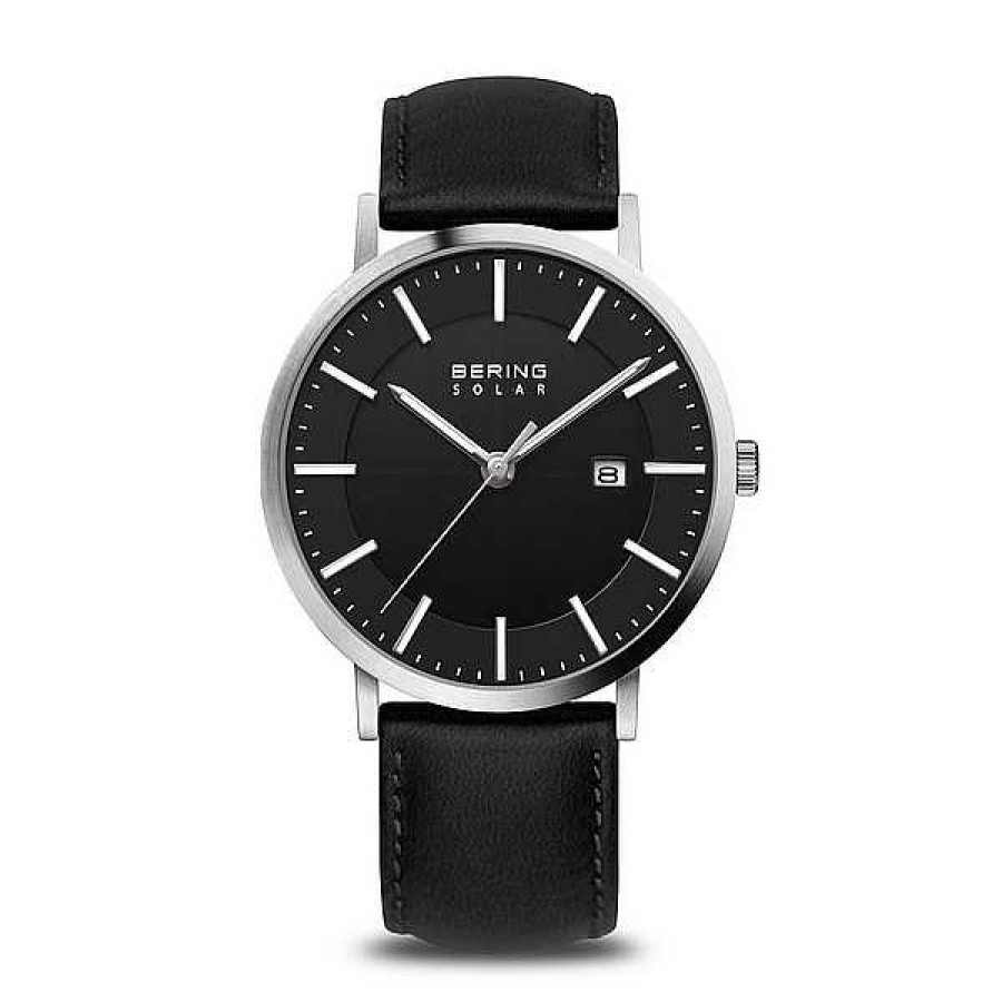 Uhren BERING | Bering - Herren-Solaruhr Aus Geb Rstetem Silber Mit Lederband 39 Mm