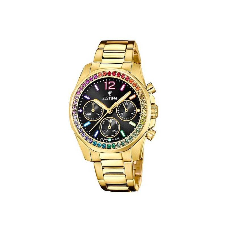 Uhren Festina | Festina - Rainbow Damenuhr In Gold Mit Schwarzem Zifferblatt Und Farbigen Steinen