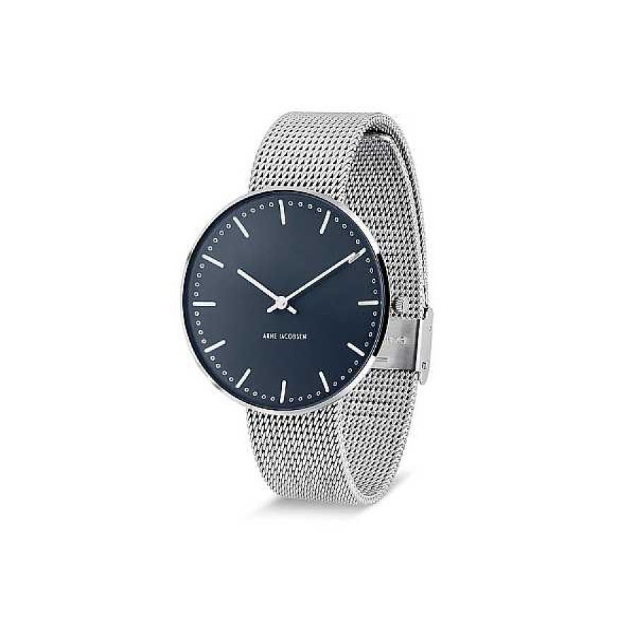 Uhren Arne Jacobsen | Arne Jacobsen - Oxford Blue Rathausuhr - 40 - Zifferblatt In Oxford Blau Und Armband Aus Stahlgewebe