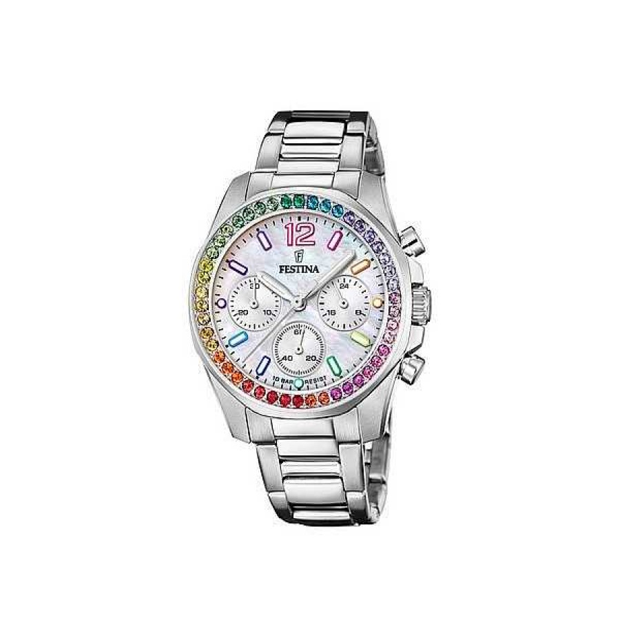 Uhren Festina | Festina - Rainbow Damenuhr Aus Stahl Mit Wei Em Zifferblatt Und Zirkonia