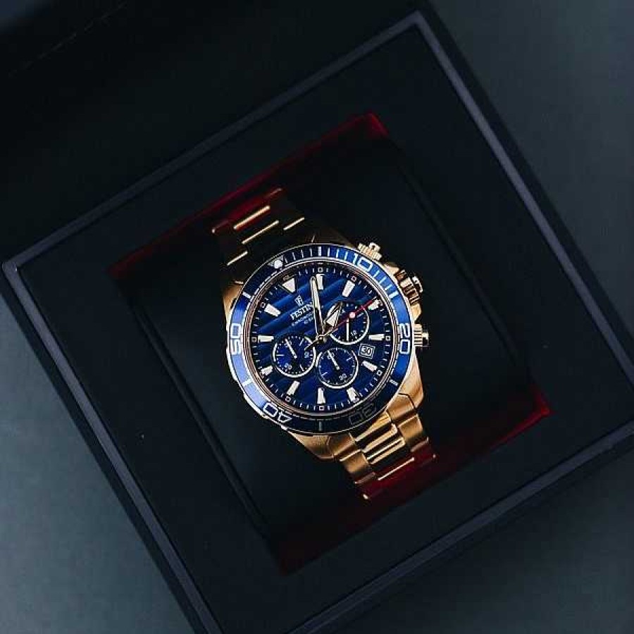 Uhren Festina | Festina - Prestige Herrenuhr In Gold Doppelt Mit Blauem Zifferblatt Und Stoppuhr